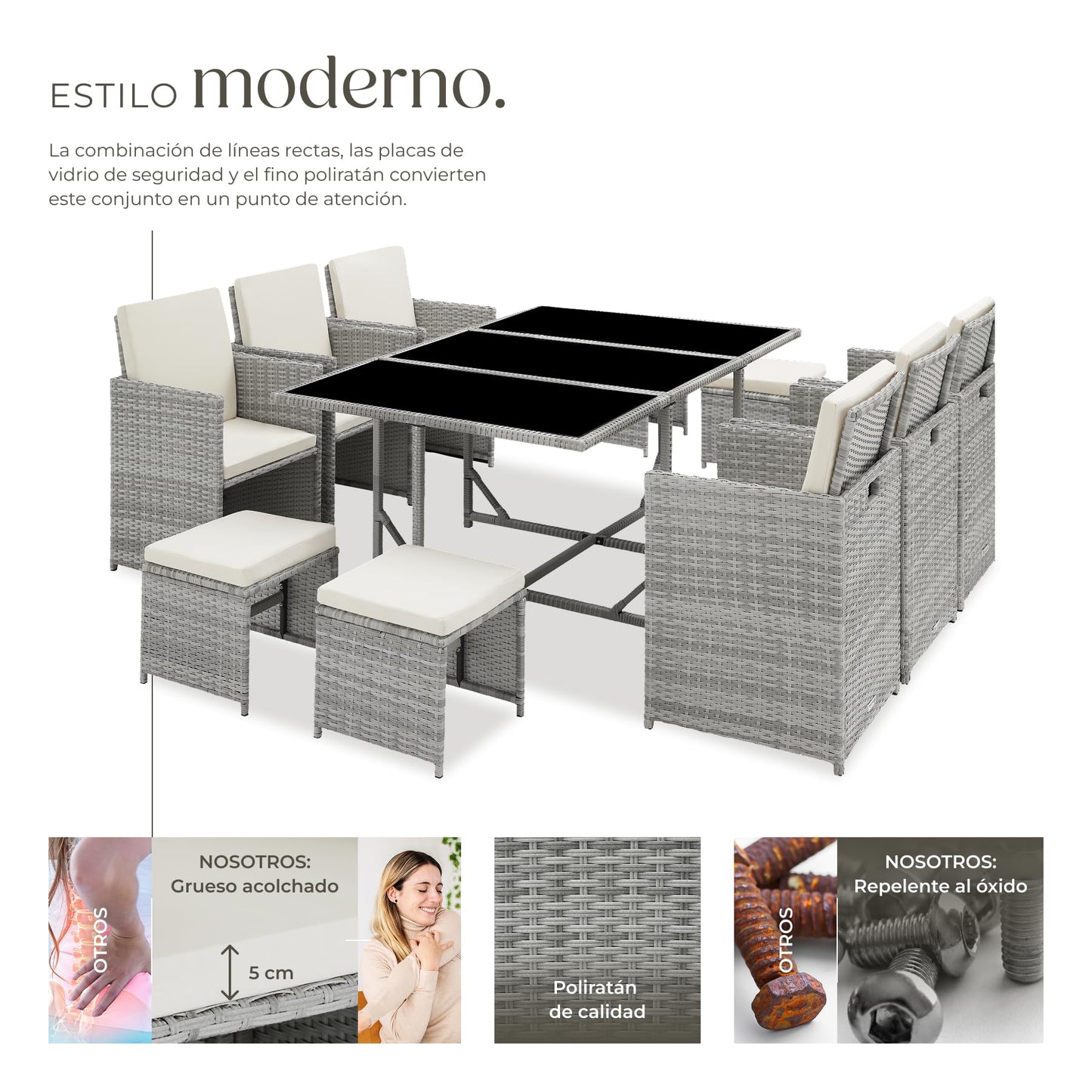 TecTake® Conjunto Jardín Exterior de Ratán y Acero, Agrupable en Cubo, Muebles Jardín Exterior Resistente a la Intemperie, para 6-10 Personas, Fundas Extraíbles y Funda Protectora - Gris Claro