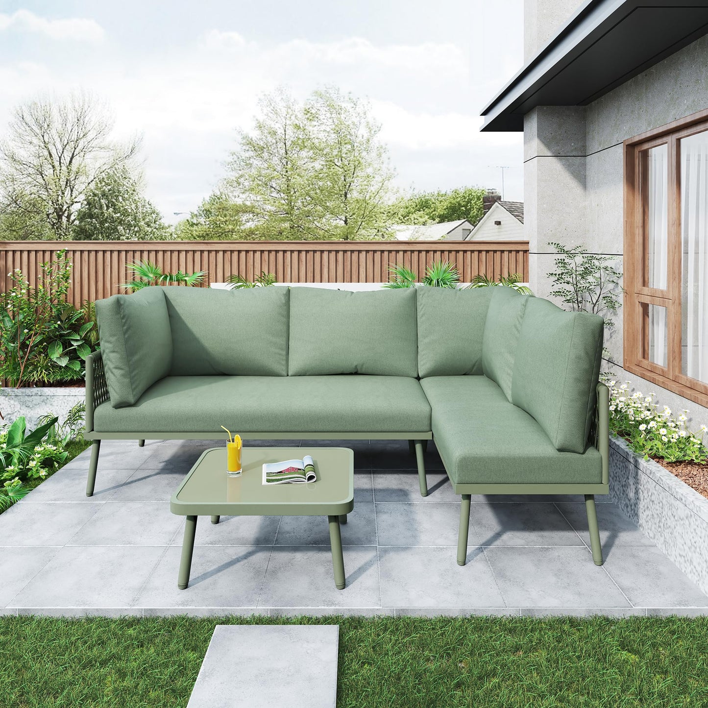 Racxily Juego de muebles de jardín, 2 sofás y 1 mesa, muebles de jardín, de hierro, con cojín de asiento, patas ajustables, verde
