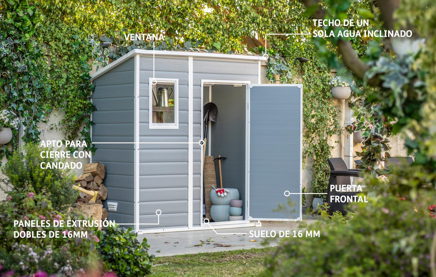 Keter Manor Pent 4X6 - Caseta de jardín, 183,5x111x200,5 cm y 1,8m2, Suelo, Sistema de ventilación, Puerta y Ventana, Resistente al Agua, Color Gris
