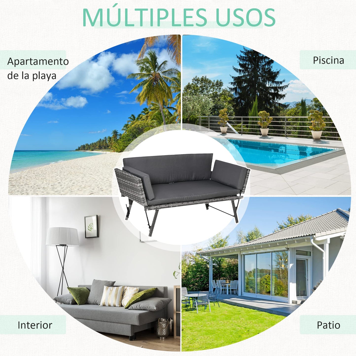 Outsunny Sofá de Ratán de 2 Plazas Convertible en Cama Individual 129x63x67 cm con Reposabrazos Abatibles y Cojines Acolchados Sofá Doble para Jardín Patio Terraza Gris