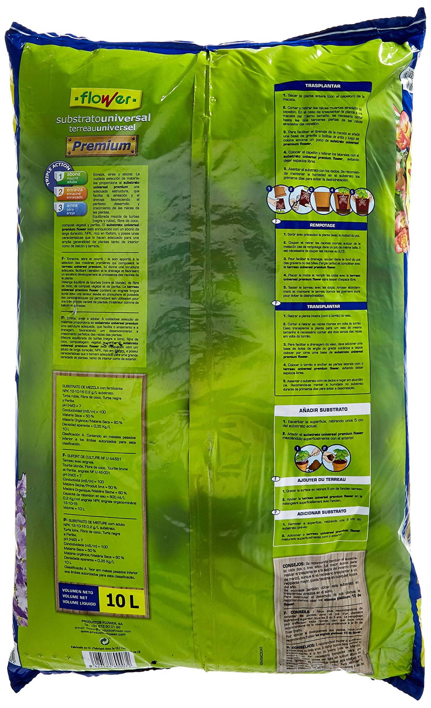 KETER - Maceta Mediana de Base Redonda, 18 litros, Color marrón Chocolate + Flower Universal Premium Substrato, 10L, Marrón, 29x6x46 cm