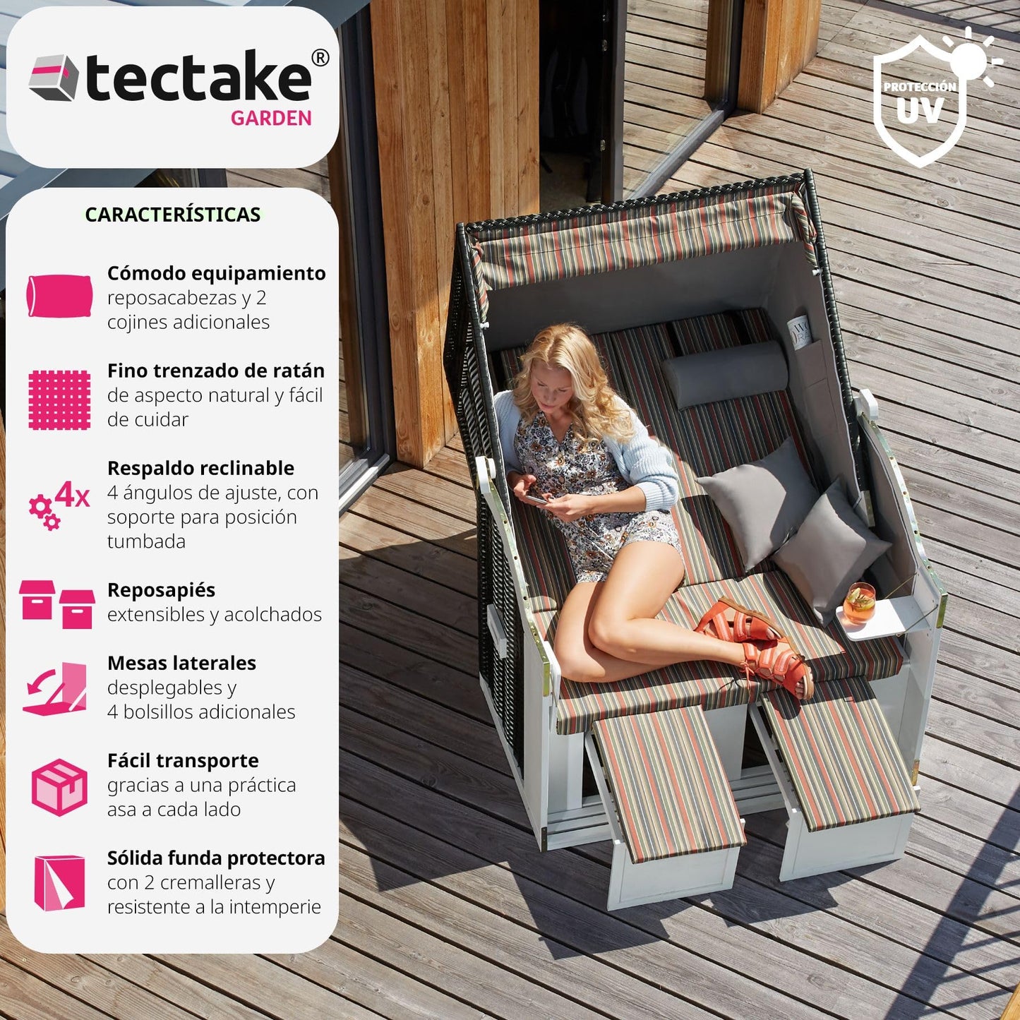 tectake® Sillón Playa Ajustable, Tumbona Jardín XXL, Sofá Exterior con Funda Protectora, Cojines, Hamaca Terraza, Sofa Jardin, Conjunto Muebles Jardín, Sofá Terraza Exterior - Negro / Gris / Marrón