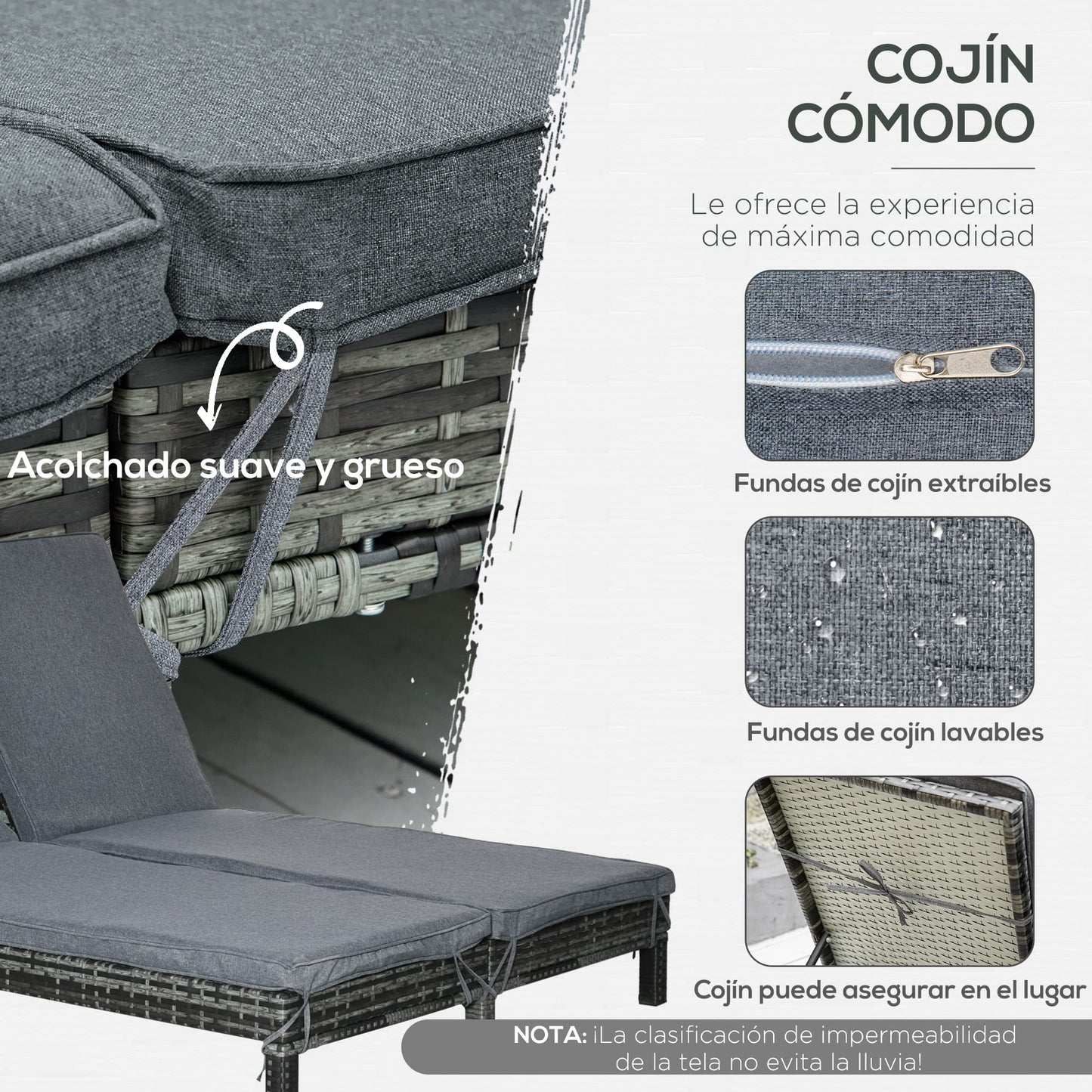 Outsunny Conjunto de Tumbona Exterior de Ratán 2 Plazas con Cojines Acolchados Resistente al Agua con Respaldo Regulable de 5 Niveles Soporta 220 kg 195x120x28 cm Gris
