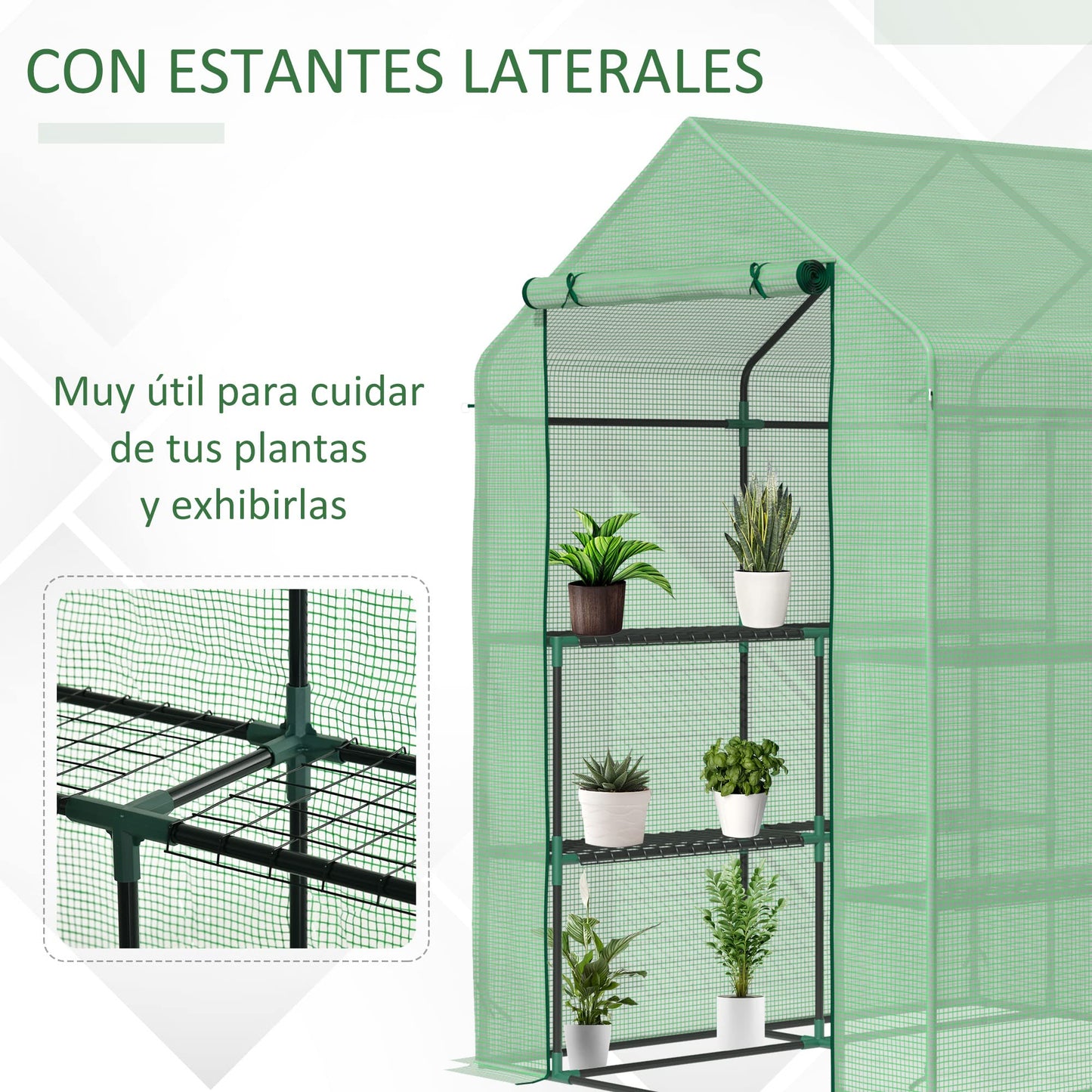 Outsunny Invernadero de Jardín Tipo Caseta Vivero Casero de Acero con 2 Niveles 4 Estantes y Puerta Enrollable para Cultivos Plantas Macetas Flores 143x138x190 cm Verde