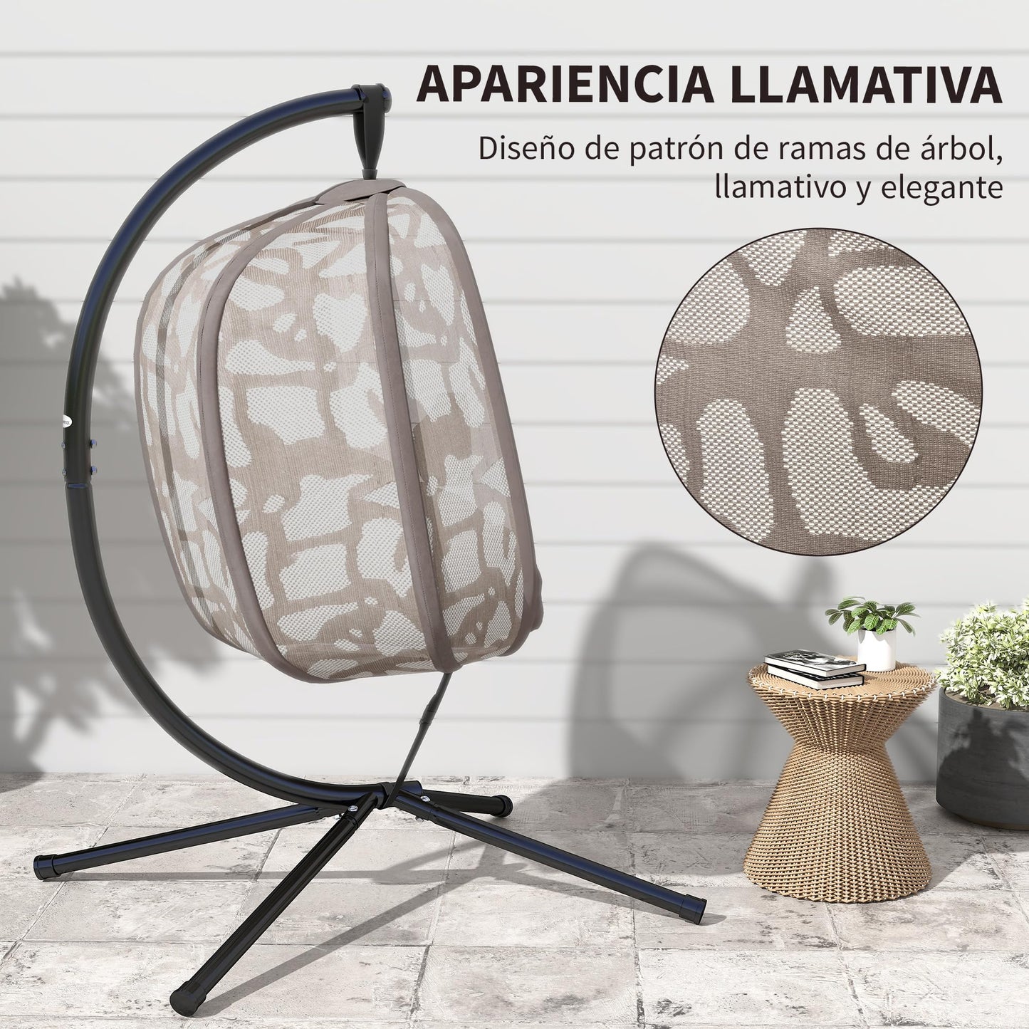 Outsunny Silla Colgante con Soporte de Acero Sillón Colgante Hamaca con Cesta Plegable y Cojines para Interiores y Exterior Carga 120 kg 126x96x172 cm Marrón