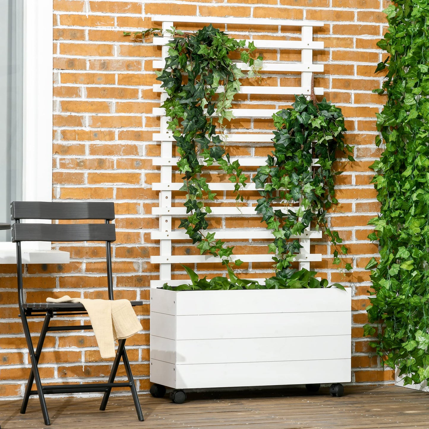 Outsunny Jardinera con Enrejado de Madera Maciza con 4 Ruedas Macetero de Jardín con Soporte para Trepadora y Tela Geotextil para Cultivos Plantas Flores 76x30x155 cm Blanco