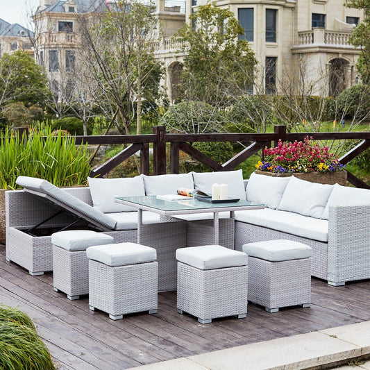 Concept-Usine | Mobiliario de Jardín Fidji, Resina Trenzada Color Gris para 10 Personas, Sofá Grandes con Asiento Reclinable, 4 Pufs y Almacenamiento. Mesa Alta con Vidrio Templado.