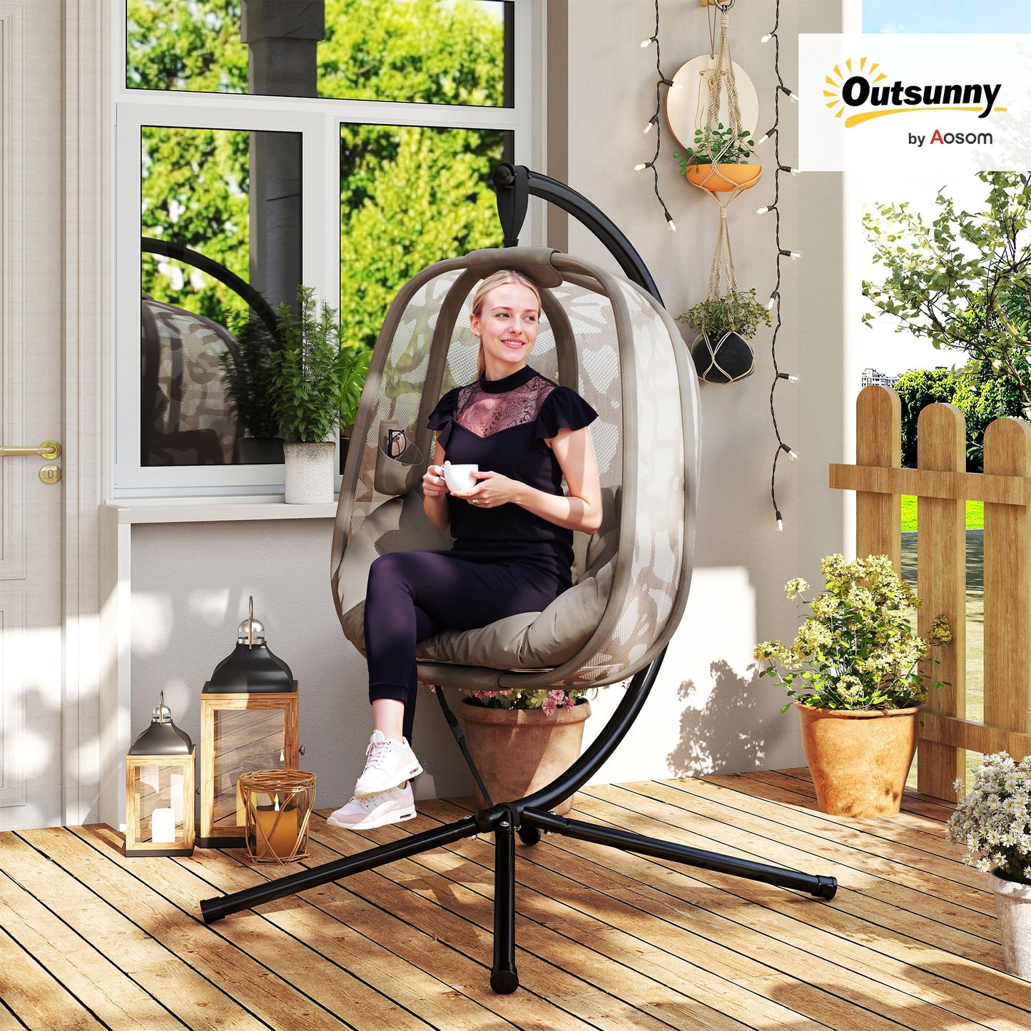 Outsunny Silla Colgante con Soporte de Acero Sillón Colgante Hamaca con Cesta Plegable y Cojines para Interiores y Exterior Carga 120 kg 126x96x172 cm Marrón