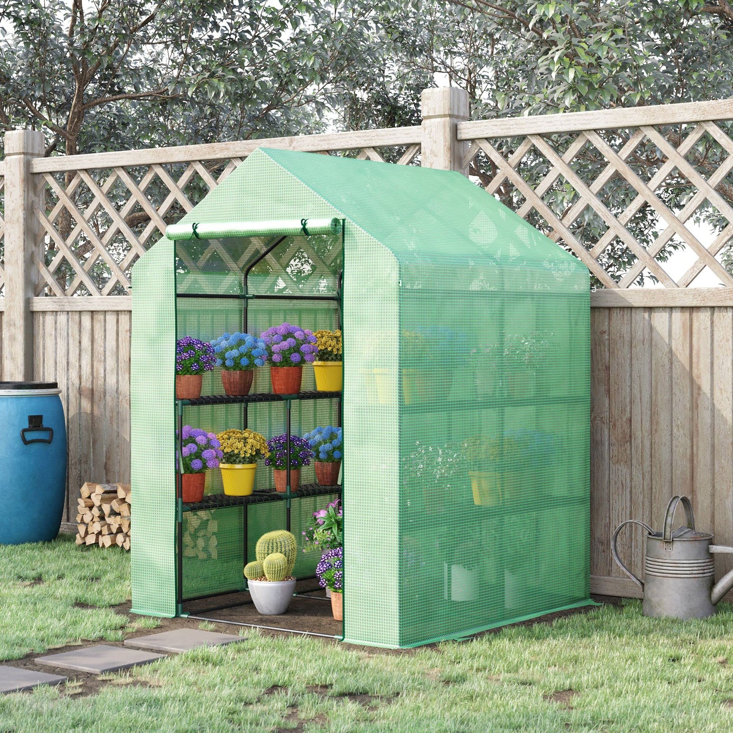 Outsunny Invernadero de Jardín Tipo Caseta Vivero Casero de Acero con 2 Niveles 4 Estantes y Puerta Enrollable para Cultivos Plantas Macetas Flores 143x138x190 cm Verde