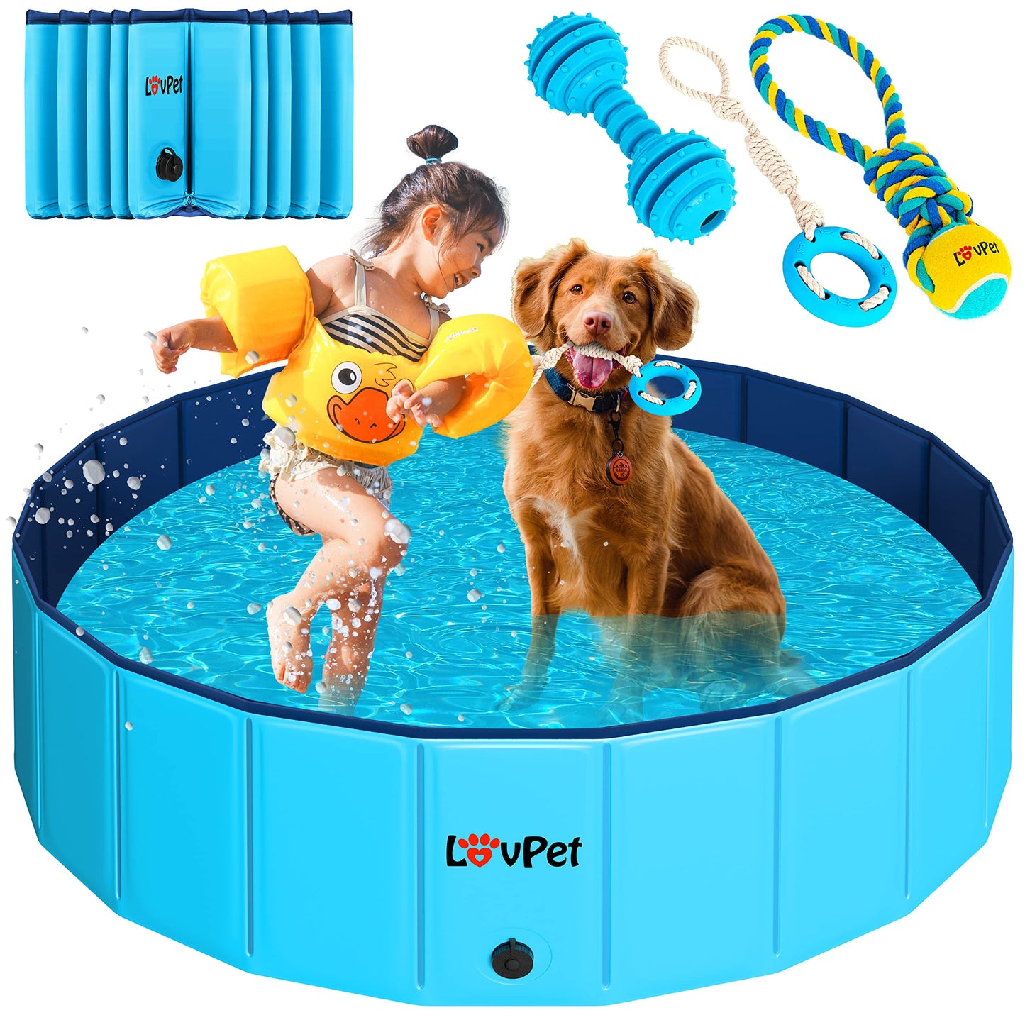 Lovpet® Piscina Plegable para Perros Grandes y pequeños, Incluye Juguete para Perros, Piscinas Plegables para niños y Perros, bañera para Perros, Azul Claro/Azul Marino (L) 120 cm Ø
