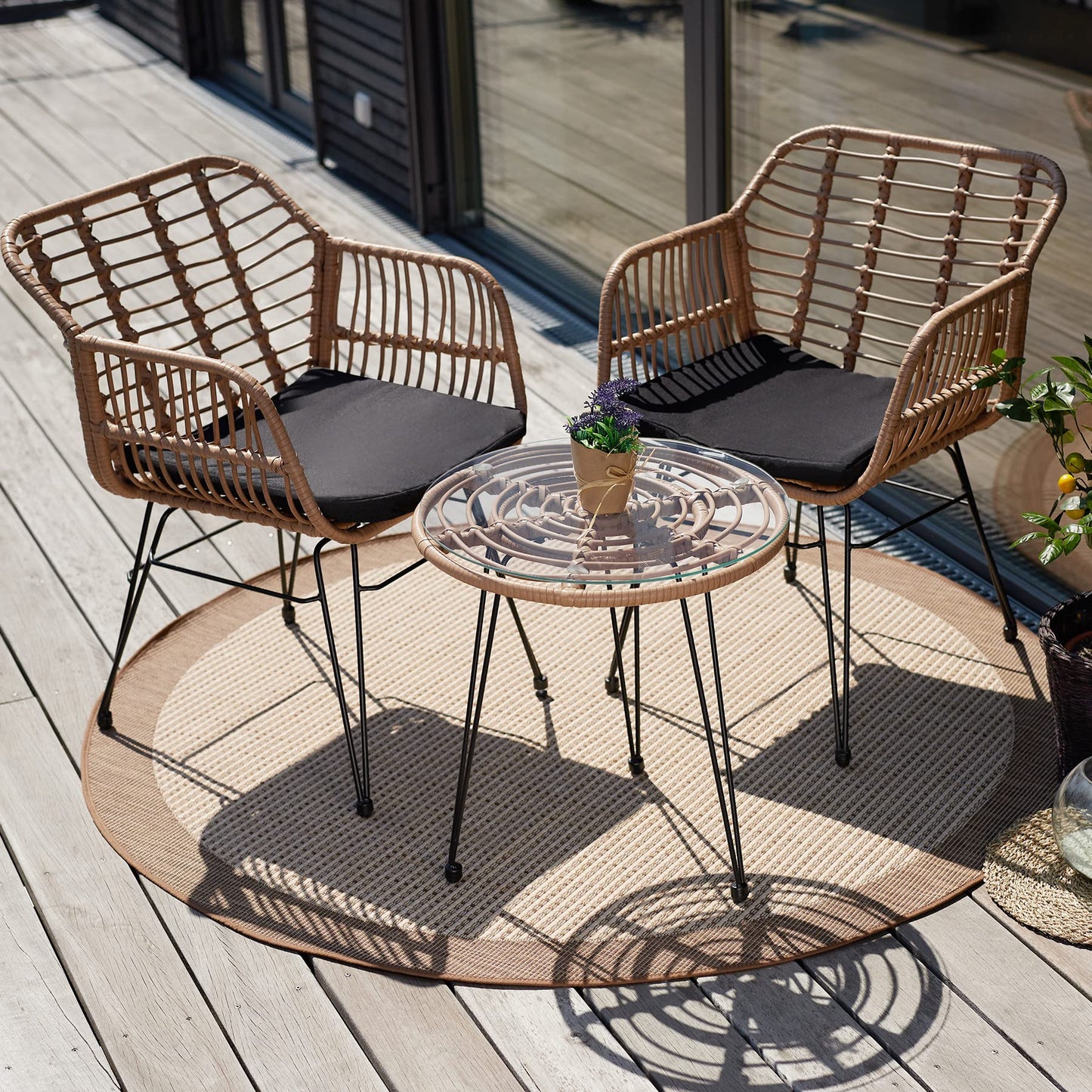 TecTake® Conjunto Jardín Exterior de Ratán y Acero para 2 Personas, Muebles Jardín Exterior Resistentes a Intemperie, 2 Sillas con Cojines (Fundas Extraíbles), 1 Mesa con Cristal - Natural