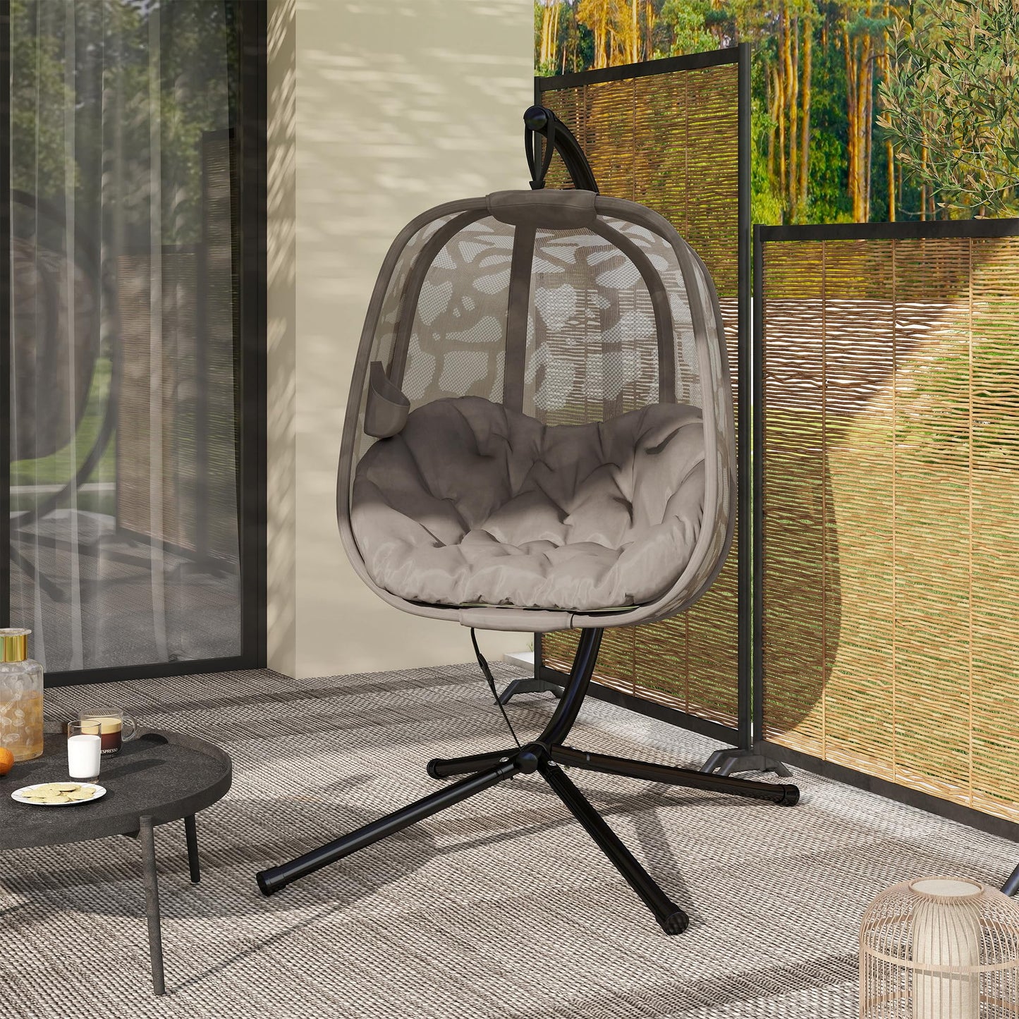 Outsunny Silla Colgante con Soporte de Acero Sillón Colgante Hamaca con Cesta Plegable y Cojines para Interiores y Exterior Carga 120 kg 126x96x172 cm Marrón