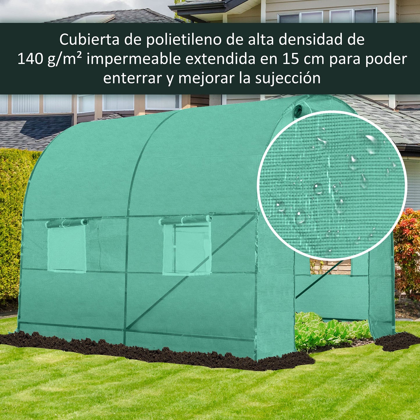Outsunny Invernadero de Exterior 2,5x2x2 m Invernadero de Túnel con Cubierta de PE 140 g/m² para Cultivo Plantas Verduras Frutas en Jardín Terraza Verde