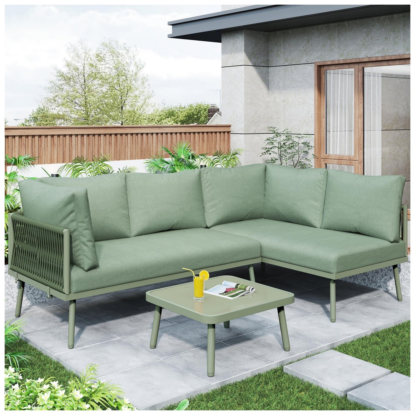 Racxily Juego de muebles de jardín, 2 sofás y 1 mesa, muebles de jardín, de hierro, con cojín de asiento, patas ajustables, verde
