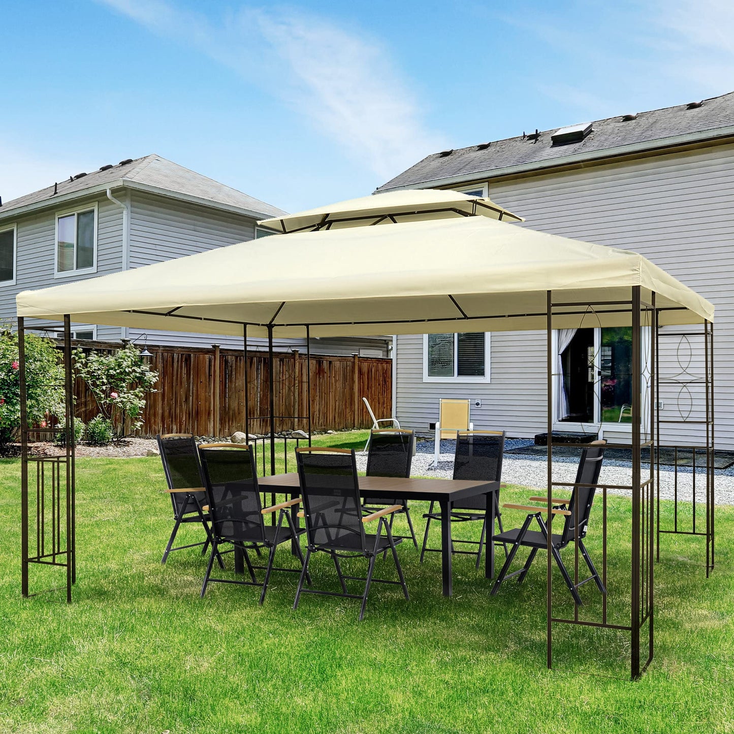 Outsunny Cenador de Jardín 3x4m Pabellón para Exterior con Doble Techo de Ventilación y 4 columnas de Acero Estable para Fiestas Eventos Patio Crema