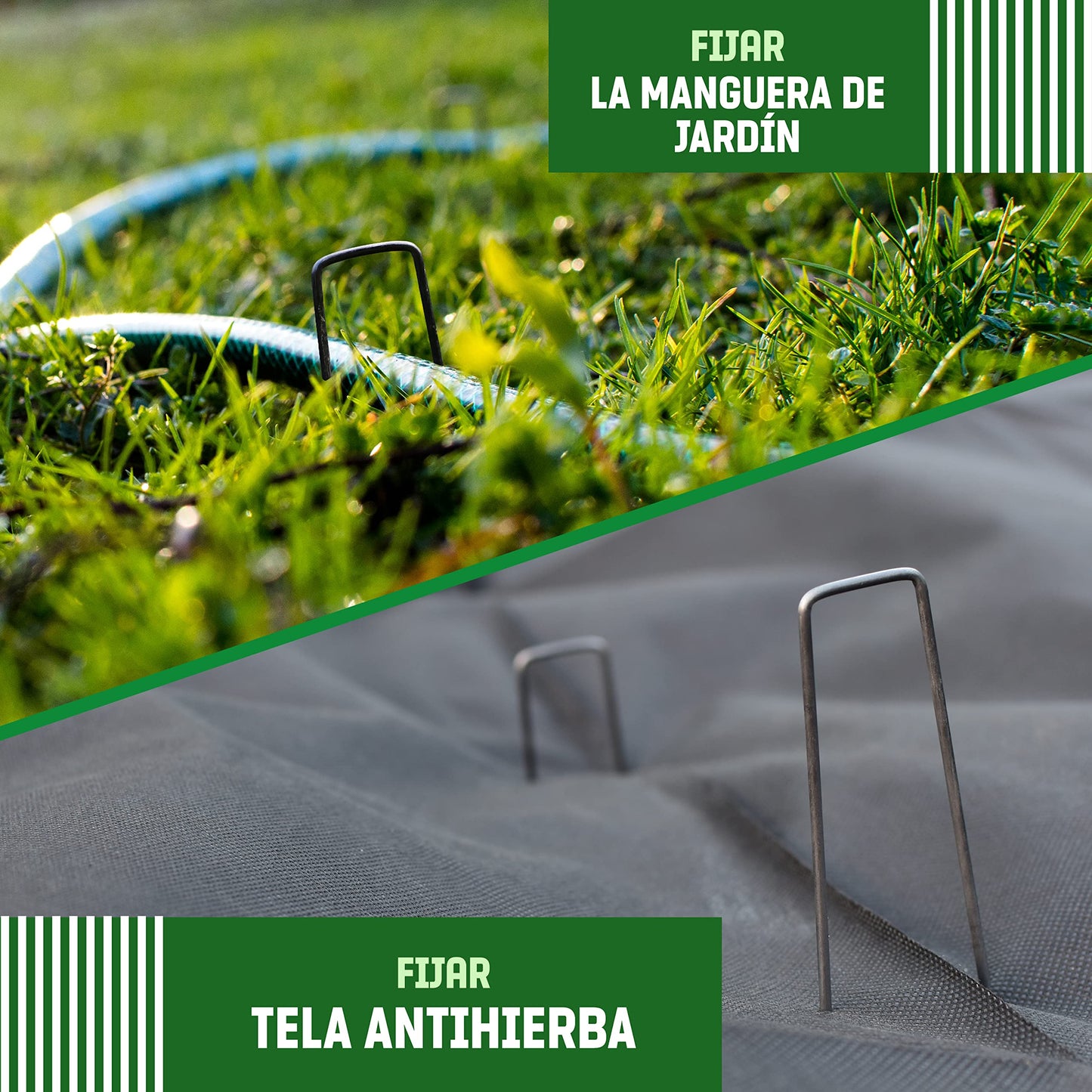 GardenGloss Grapas de Sujeción de Acero Robusto - Anclaje de Tierra para Malla Antihierbas, Valla y Red - 150 MM de Largo, 25 MM de Ancho, Ø 2.7 MM (100 Piezas)
