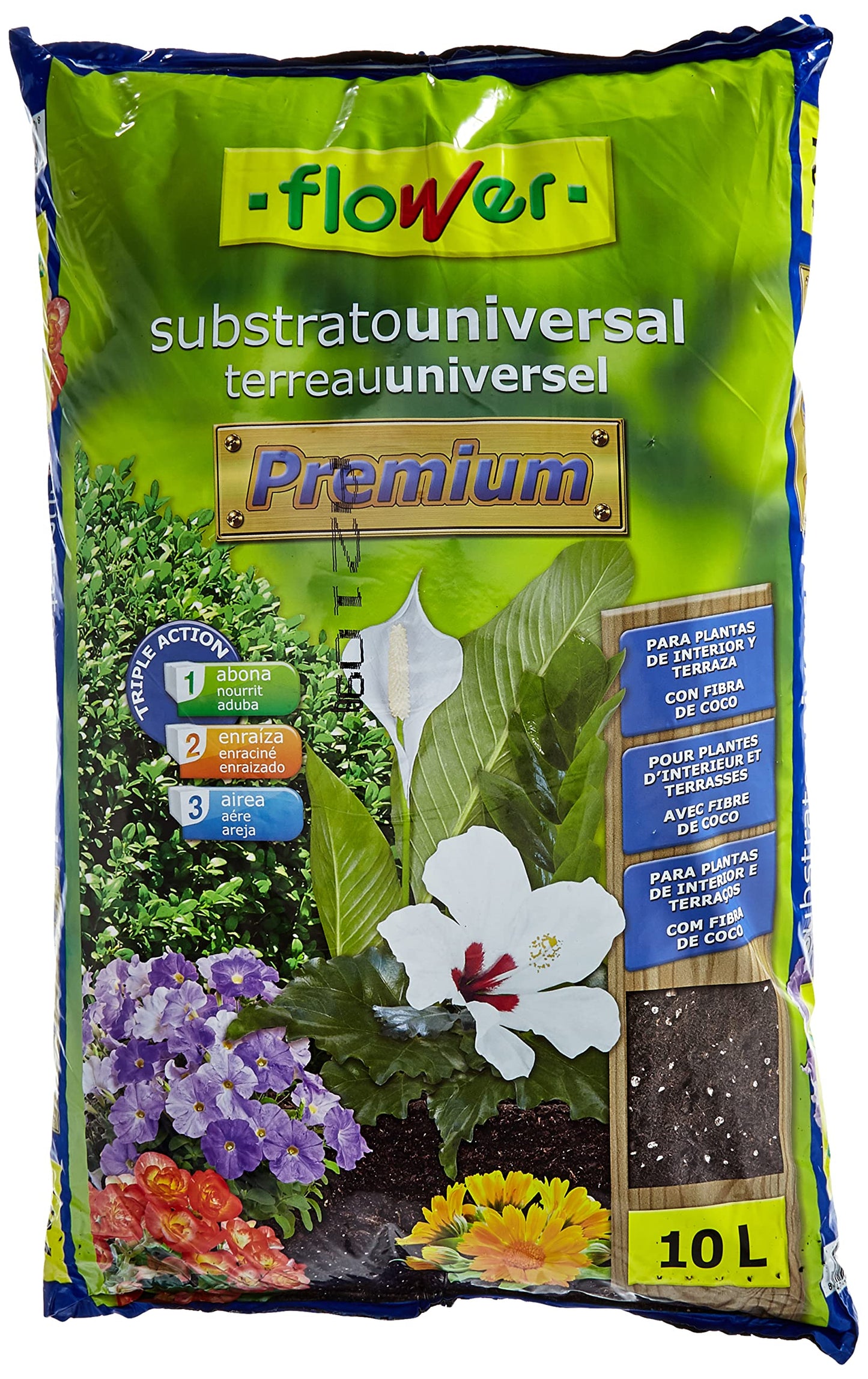 KETER - Maceta Mediana de Base Redonda, 18 litros, Color marrón Chocolate + Flower Universal Premium Substrato, 10L, Marrón, 29x6x46 cm