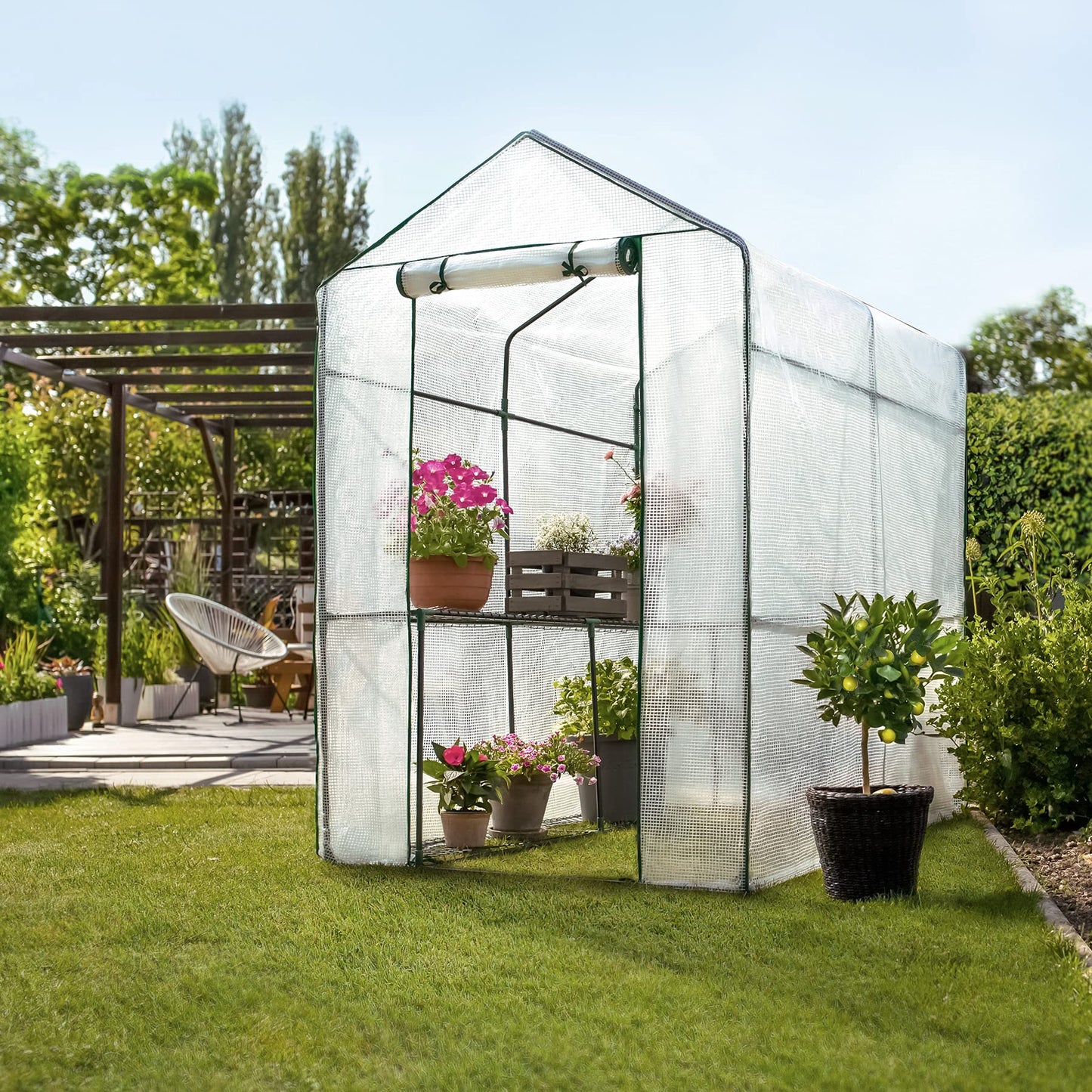 tectake® Invernadero Exterior con 4 Baldas Metálicas de Rejilla, Cubierta de PE contra UVA, Invernadero Terraza 186x120x190cm, Caseta Jardin Exterior con Cuerdas Tensoras y Piquetas, Fácil Montaje