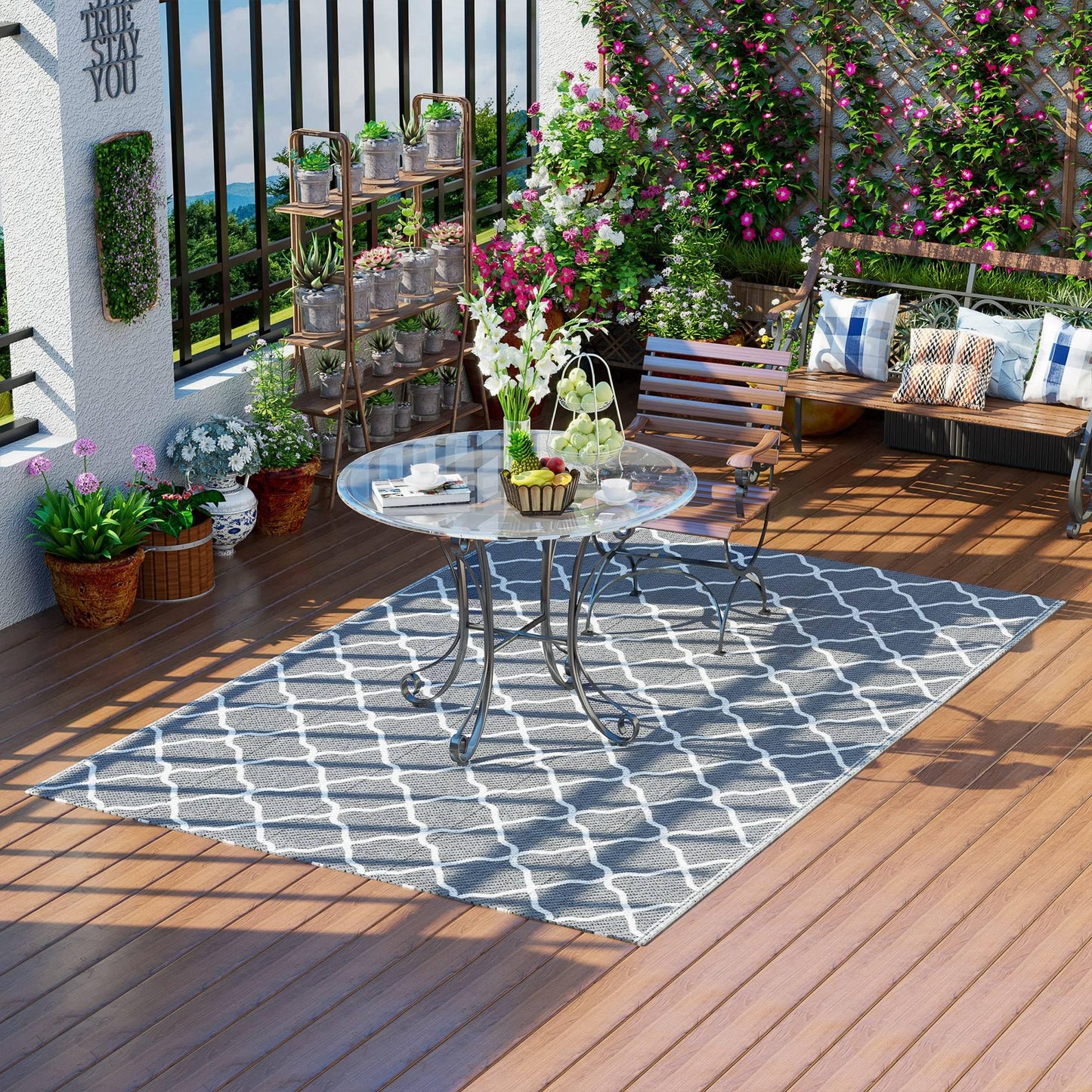 Outsunny Alfombra Exterior 182x274 cm Alfombra Moderna Alfombra Reversible de Plástico Impermeable para Terraza Balcón Patio Camping Playa Gris y Blanco