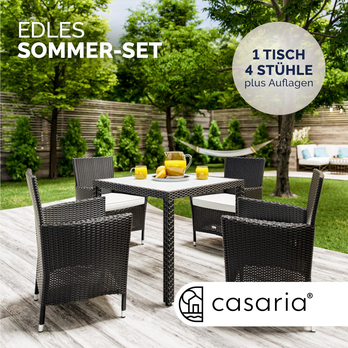 Deuba Conjunto de Poliratán 4+1 Mesa 90x90cm 4 Sillas Apilables Cojines Lavables Muebles de Jardín