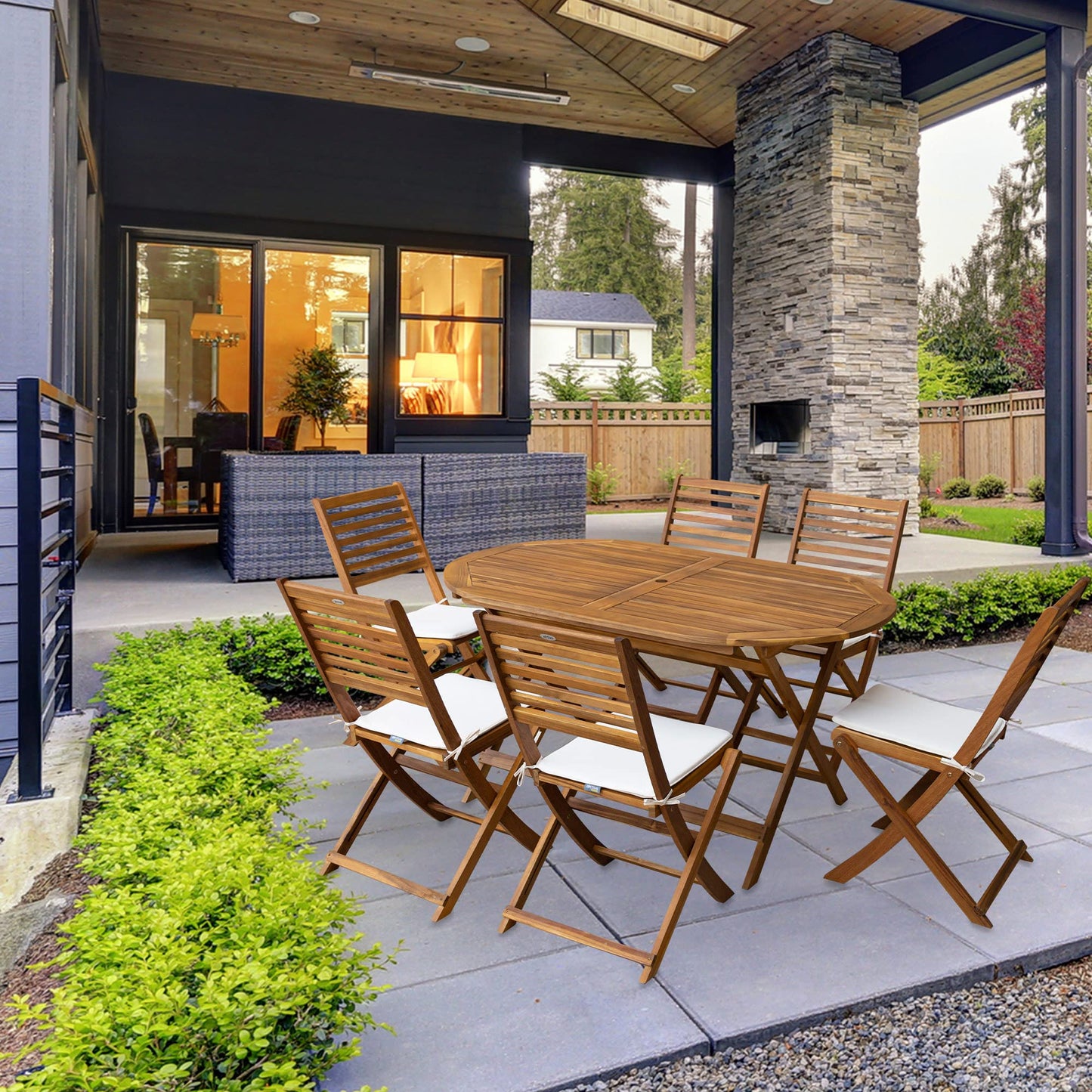 AKTIVE 61002 - Conjunto mesa y sillas de madera para jardín y terraza, incluye mesa plegable 150 x 89 x 74 cm y 6 sillas de madera con cojín
