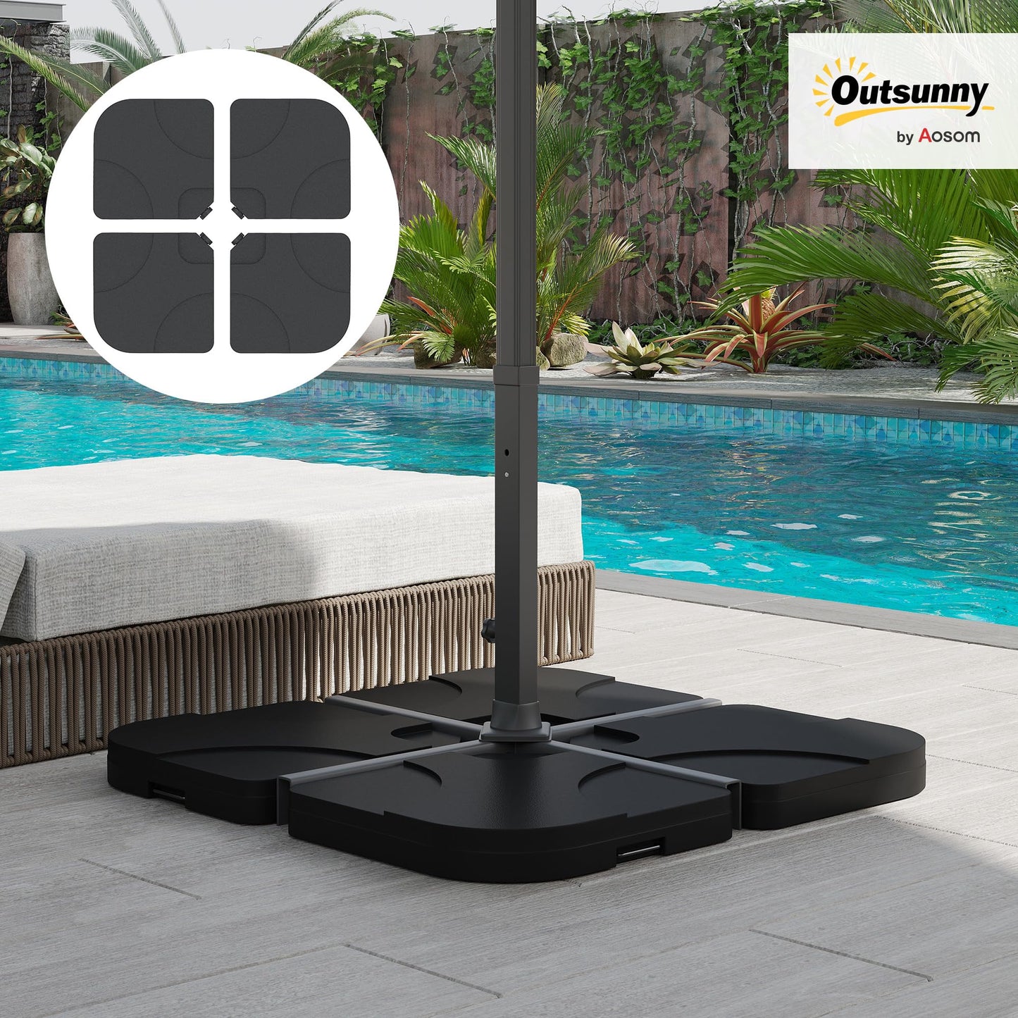 Outsunny Base de Sombrilla o Pie para Parasol Tipo Soporte de 4 Piezas de plástico 100x100x7,5 cm Negro