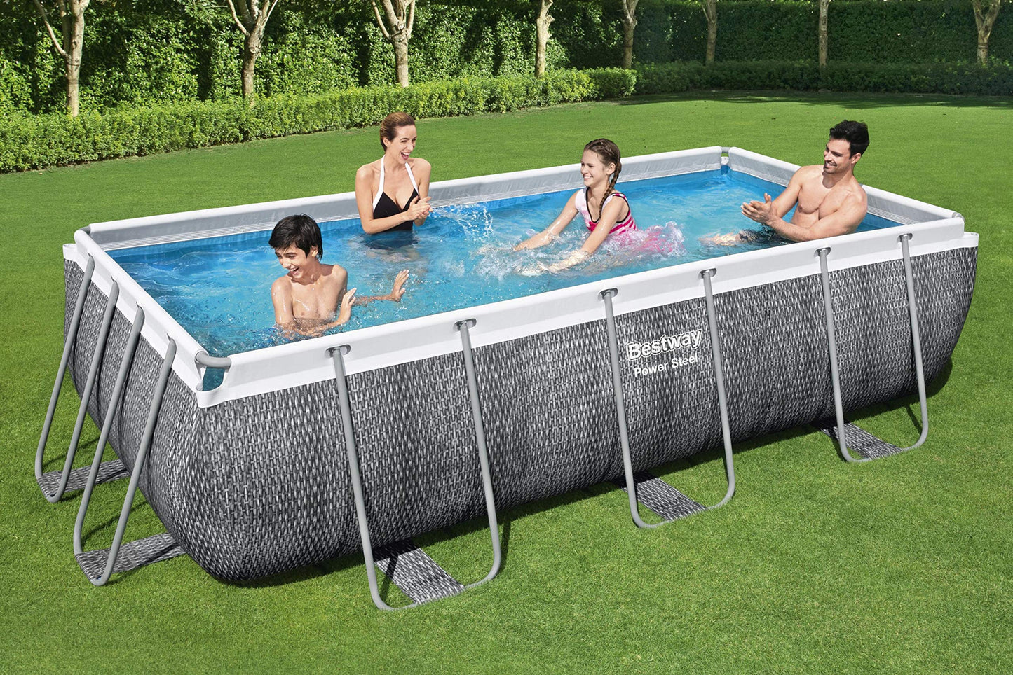 Bestway Power Steel Deluxe Frame Pool - Piscina Rectangular con Marco de Acero Estable, Juego Completo, Aspecto de ratán, Color marrón, 404 x 201 x 100 cm