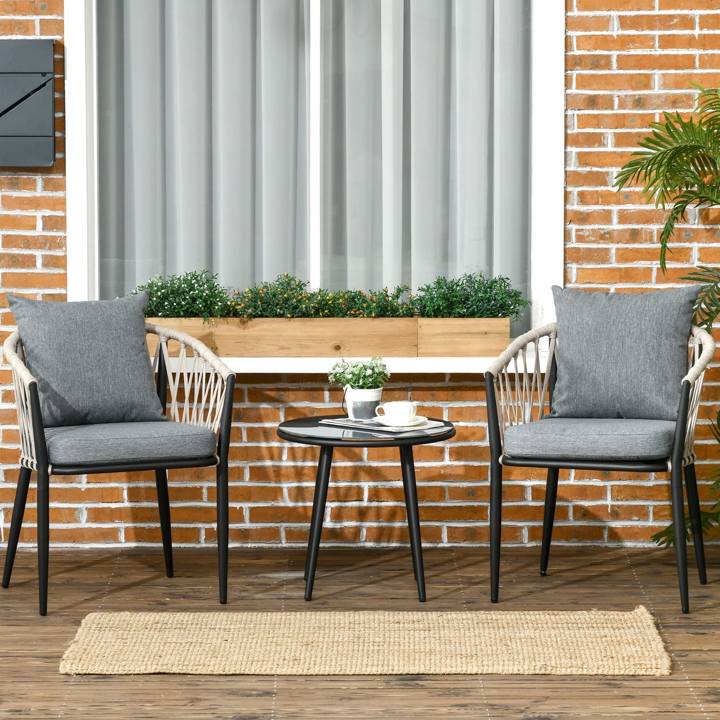 Outsunny Conjunto de Muebles de Jardín 3 Piezas Juego de Muebles de Terraza Incluye Mesa con Encimera de Vidrio Templado y 2 Sillones con Cojines Reposabrazos de Cuerda Polipropileno Gris