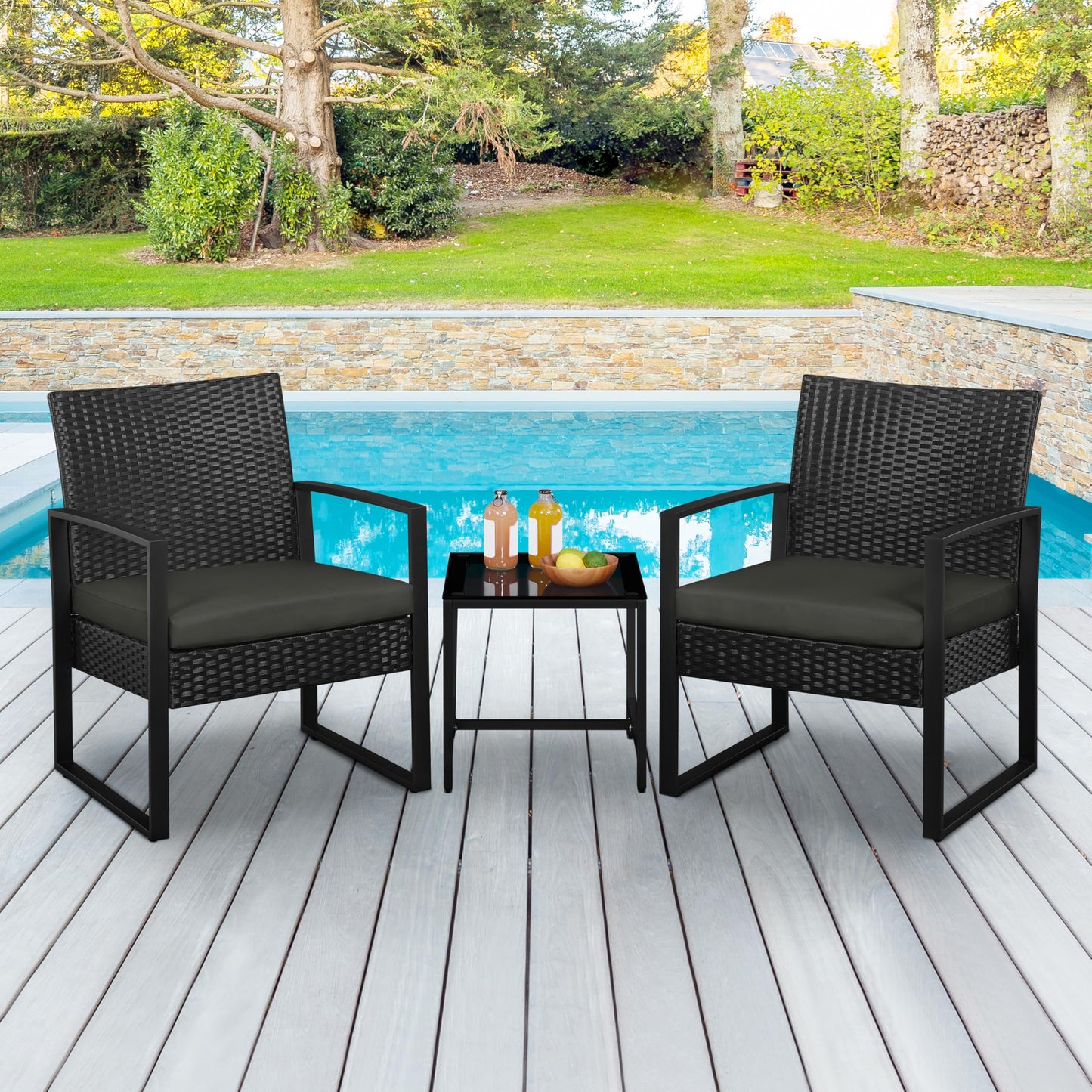 Yaheetech Conjunto de Mesa y Sillas Exterior Juego de Muebles Jardin con Cojines Silla Ratán Impermeable para Terraza Balcón Negro y Gris