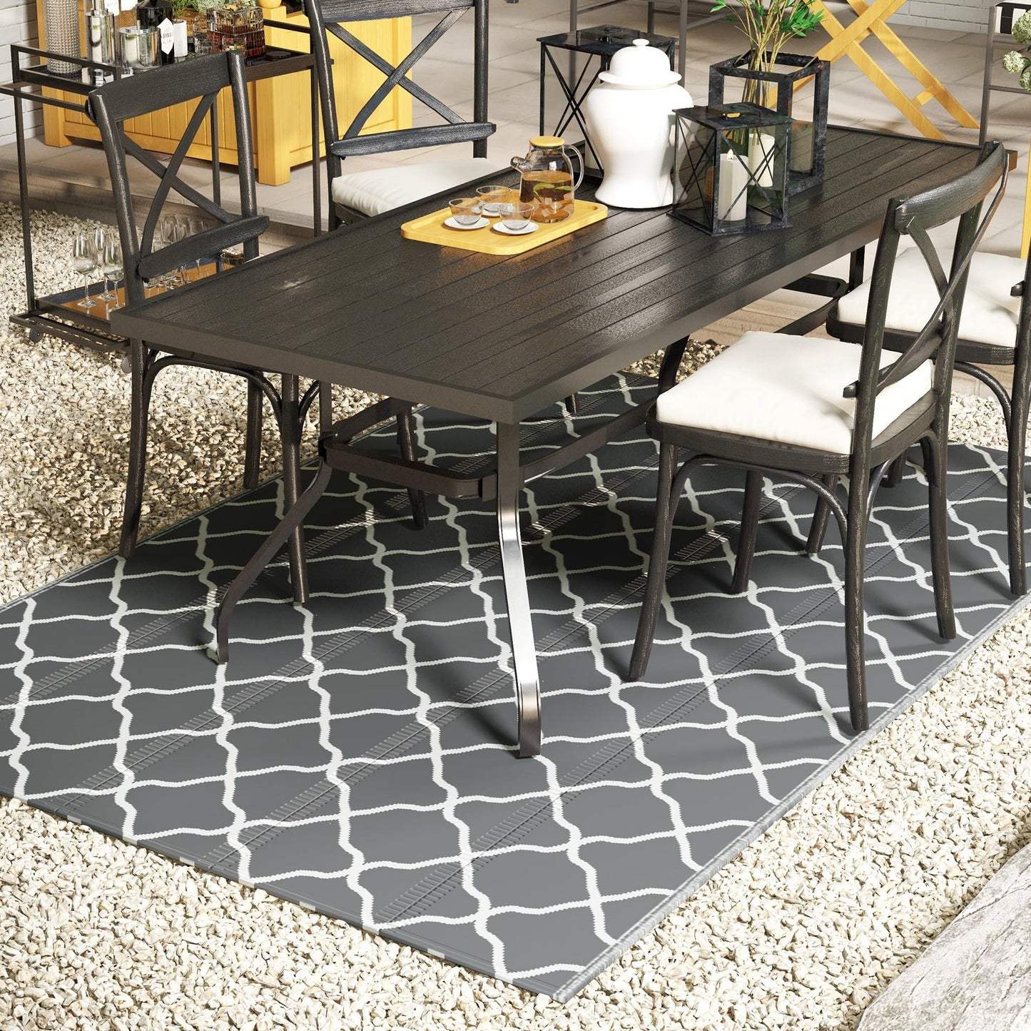 Outsunny Alfombra Exterior 182x274 cm Alfombra Moderna Alfombra Reversible de Plástico Impermeable para Terraza Balcón Patio Camping Playa Gris y Blanco