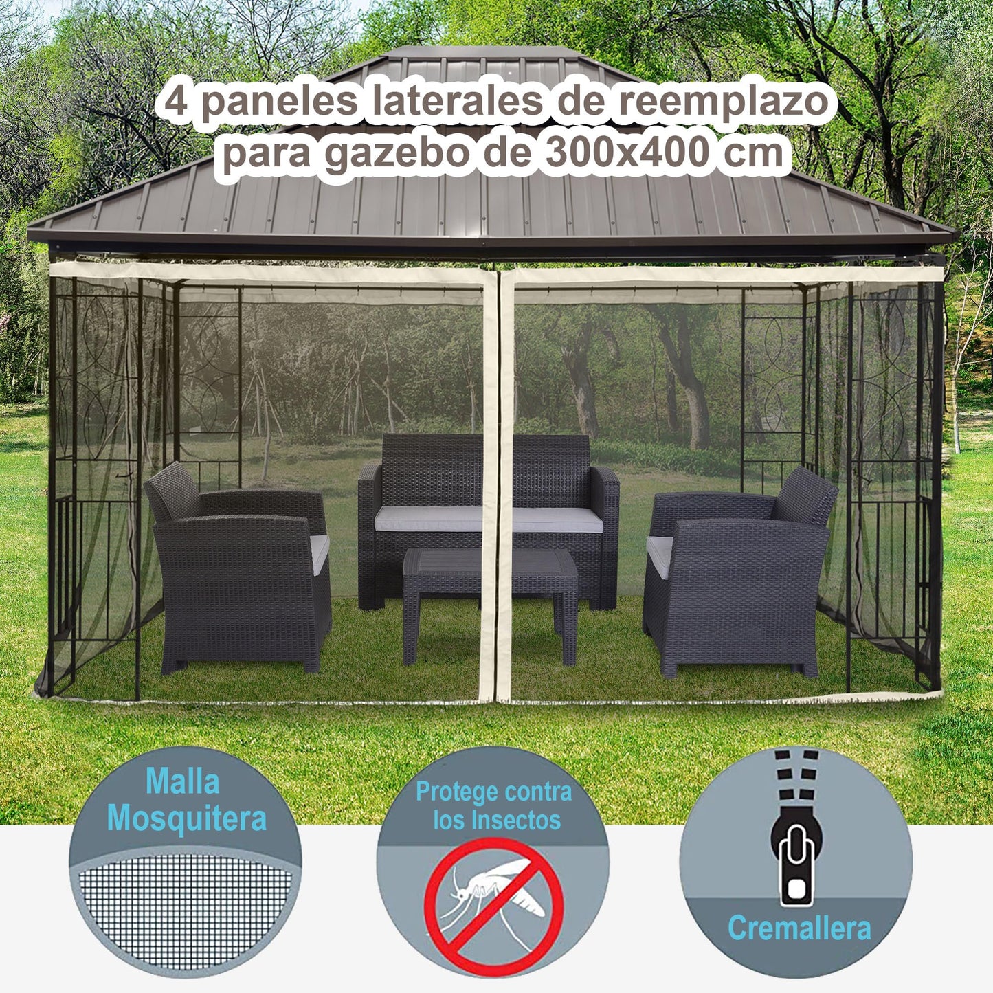 Outsunny 4 Paneles Laterales 3,5x2 m para Carpa de Jardín Tela Mosquitera para Cenador Gazebo con Cremalleras y Anillas Negro