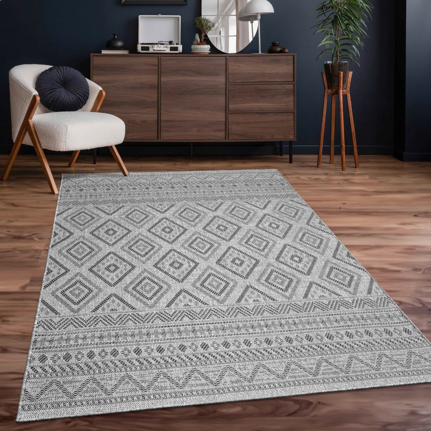 Paco Home Alfombra Exterior Interior Balcón Terraza Cocina Motivo Boho Étnico Moderno, tamaño:80 cm Redon, Color:Antracita