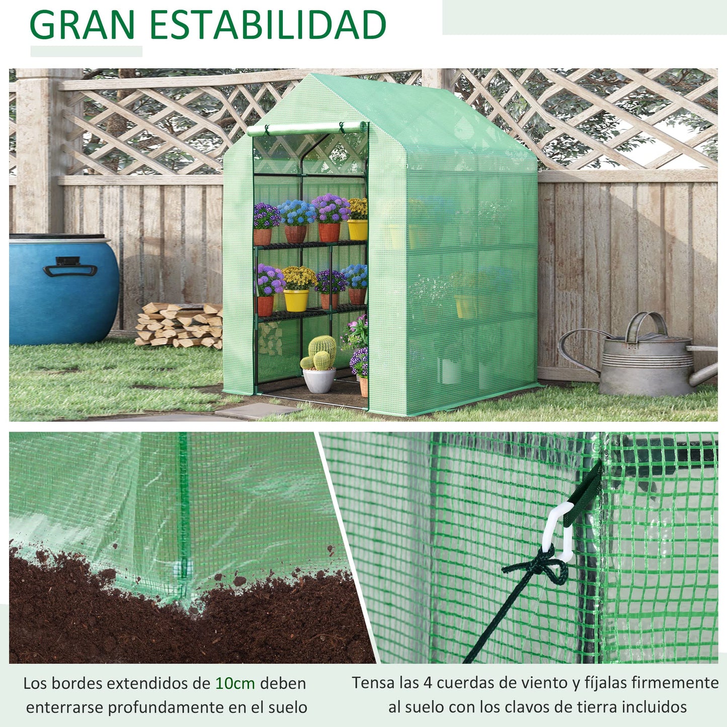 Outsunny Invernadero de Jardín Tipo Caseta Vivero Casero de Acero con 2 Niveles 4 Estantes y Puerta Enrollable para Cultivos Plantas Macetas Flores 143x138x190 cm Verde