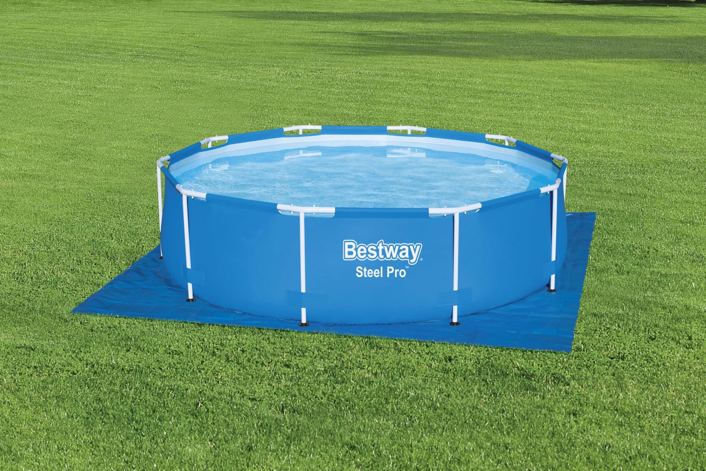 BESTWAY 58001 - Tapiz de Suelo para Piscina 335x335 cm de PVC Resistente Forma Cuadrada Para Piscinas Redondas de 305 cm de Diámetro Color Azul Fácil Instalación