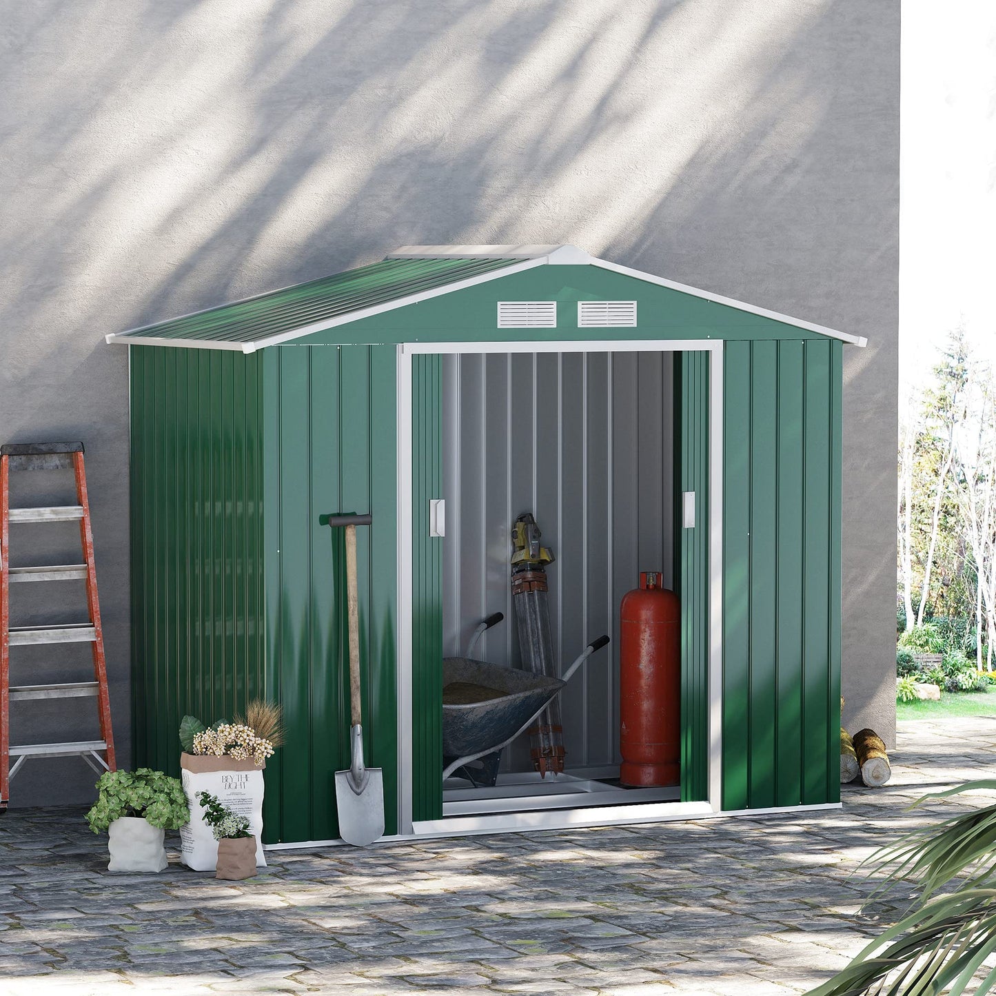 Outsunny Caseta de Jardín con Base 213x130x185 cm Cobertizo Metálico de Exterior para Almacenamiento de Herramientas con 2 Puertas Correderas y 4 Ventanas para Terraza Gris
