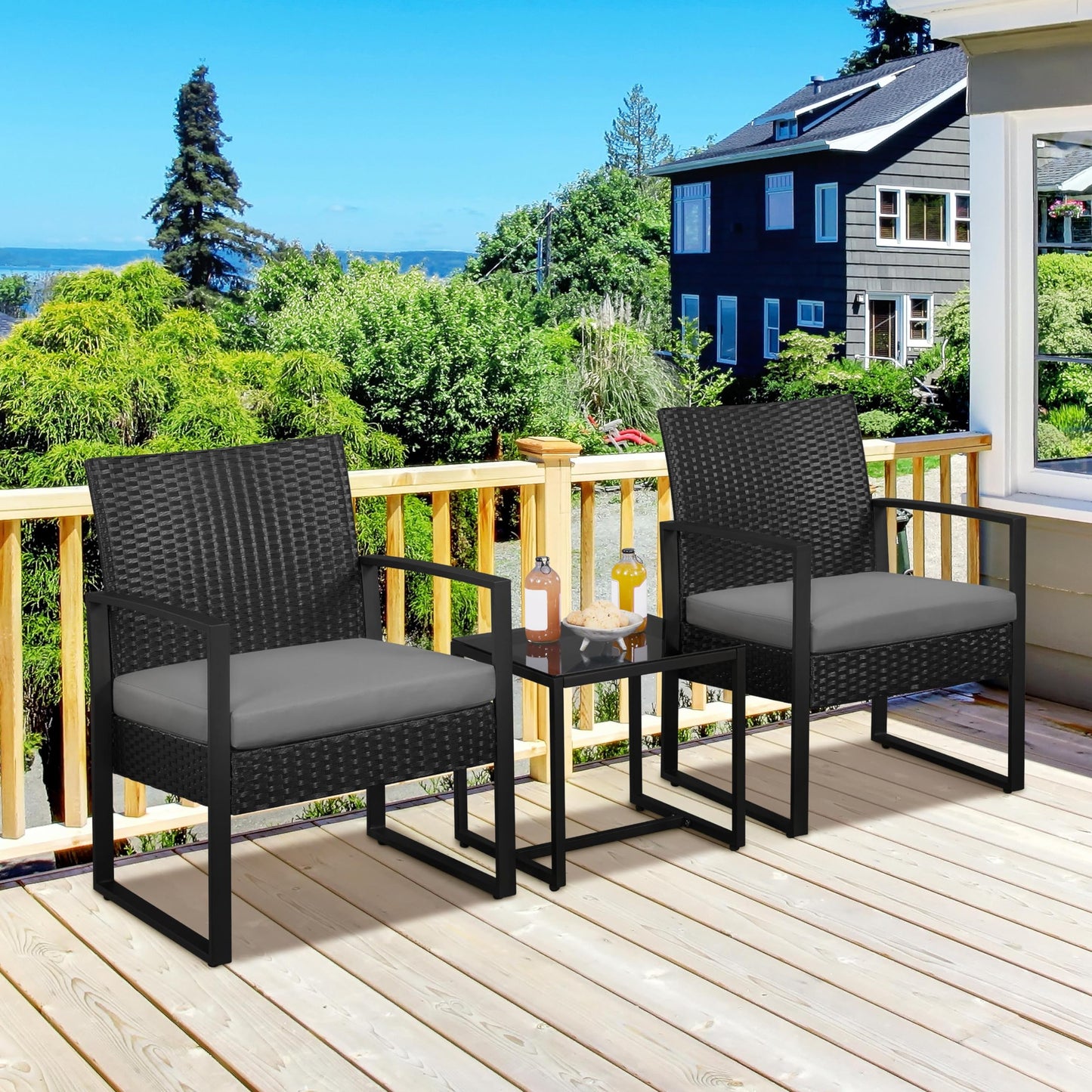 Yaheetech Conjunto de Mesa y Sillas Exterior Juego de Muebles Jardin con Cojines Silla Ratán Impermeable para Terraza Balcón Negro y Gris
