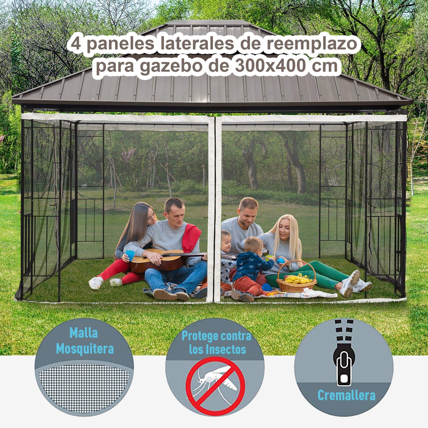 Outsunny 4 Paneles Laterales 3,5x2 m para Carpa de Jardín Tela Mosquitera para Cenador Gazebo con Cremalleras y Anillas Negro