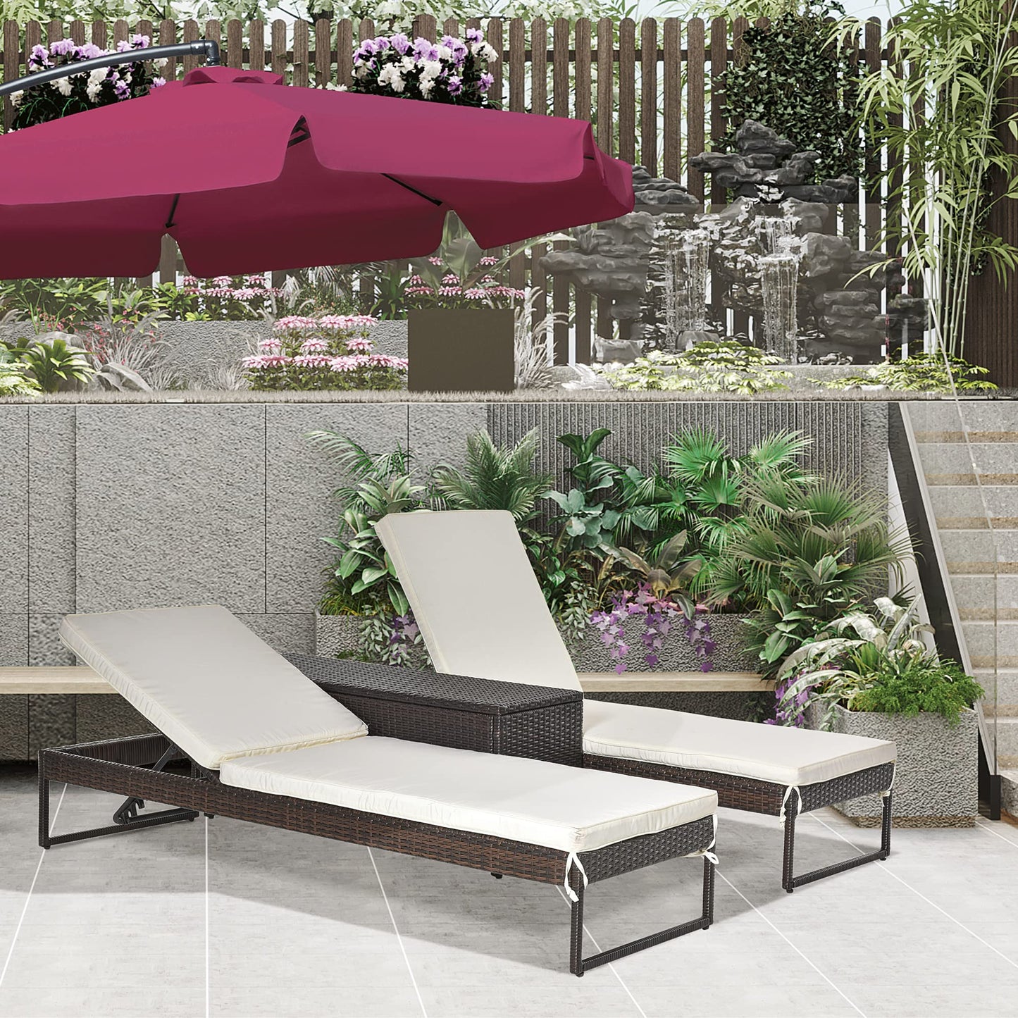 Outsunny Conjunto de 2 Tumbonas de Jardín con Cojines Acolchados Ratán con Mesa Auxiliar para Piscina o Terraza Carga 160 kg 195x60x86 cm Acero Marrón