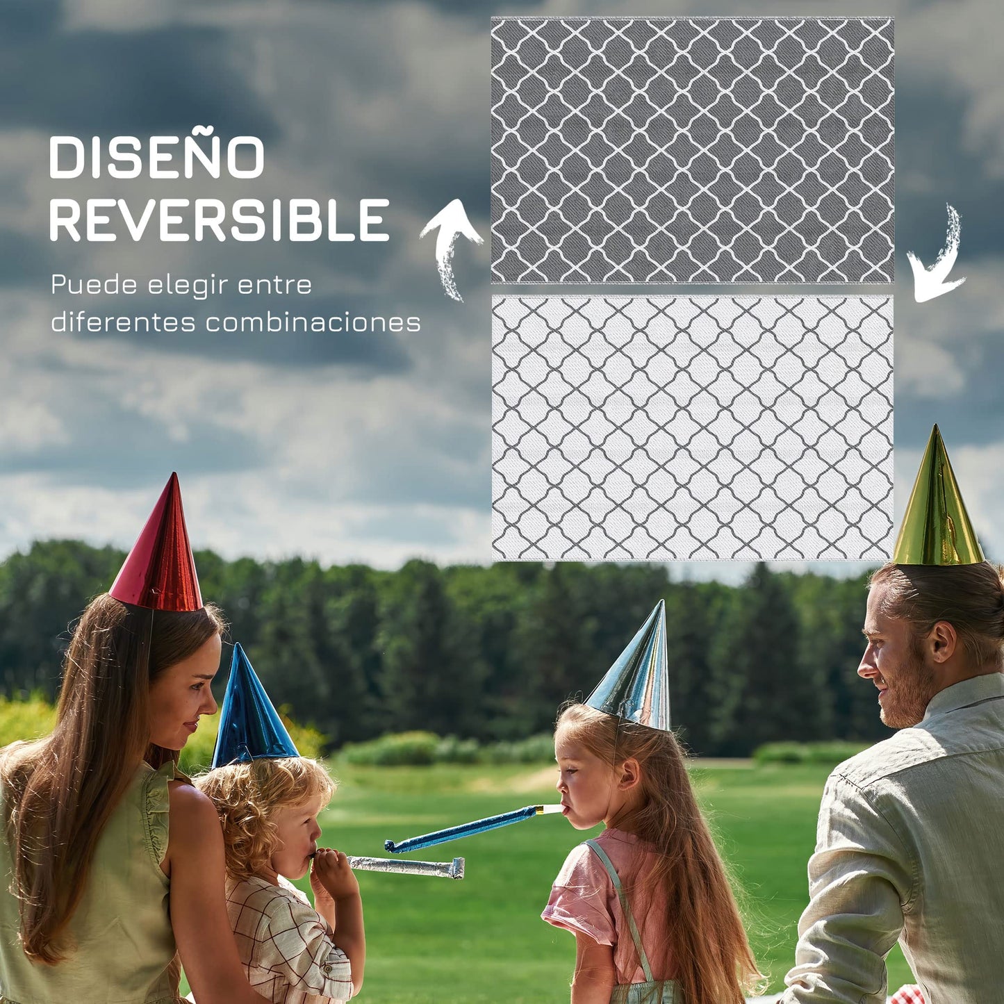 Outsunny Alfombra Exterior 182x274 cm Alfombra Moderna Alfombra Reversible de Plástico Impermeable para Terraza Balcón Patio Camping Playa Gris y Blanco