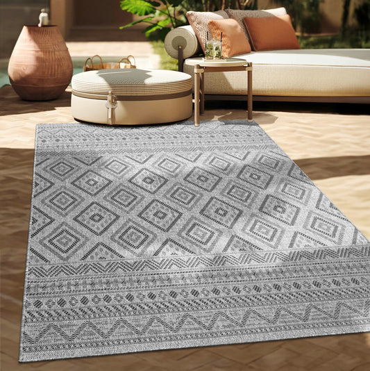 Paco Home Alfombra Exterior Interior Balcón Terraza Cocina Motivo Boho Étnico Moderno, tamaño:80 cm Redon, Color:Antracita