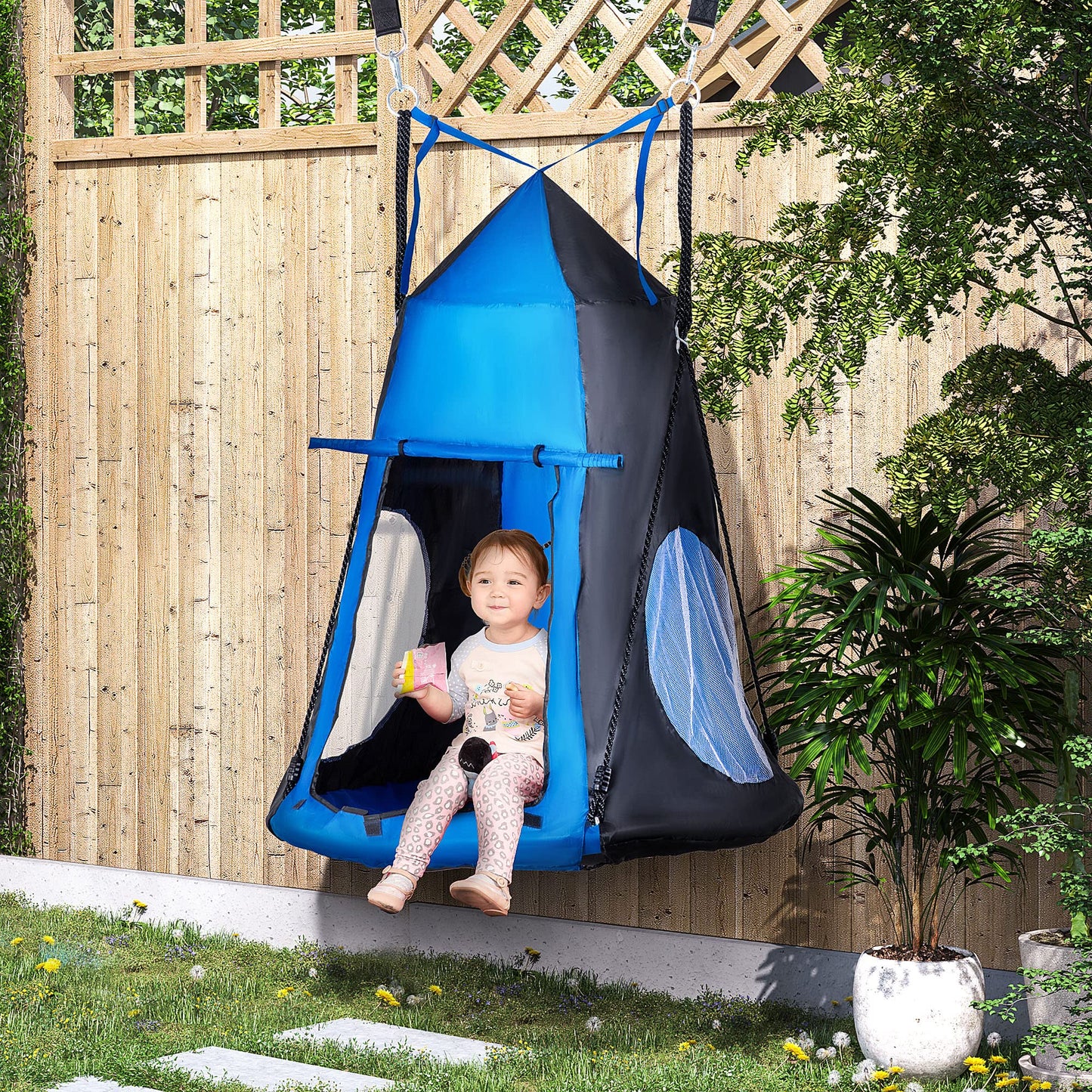 Outsunny Columpio con Tienda Infantil Columpio Nido con Puerta Enrollable y 2 Ventanas de Malla para Niños y Adultos Carga MAX. 200 kg Interior y Exterior Ø100x180 cm Negro y Azul